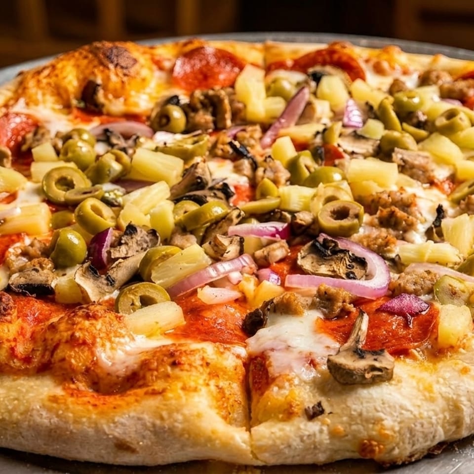 A whole pizza with pepperoni, sausage, mushrooms, olives, pineapple, and red onions on a metal pan.