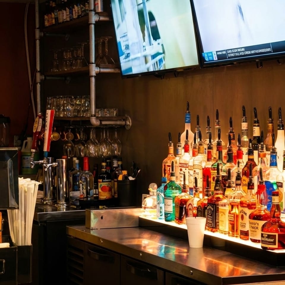 A well-stocked bar at Papa Dock's, with liquor bottles, glasses, and two TVs above.