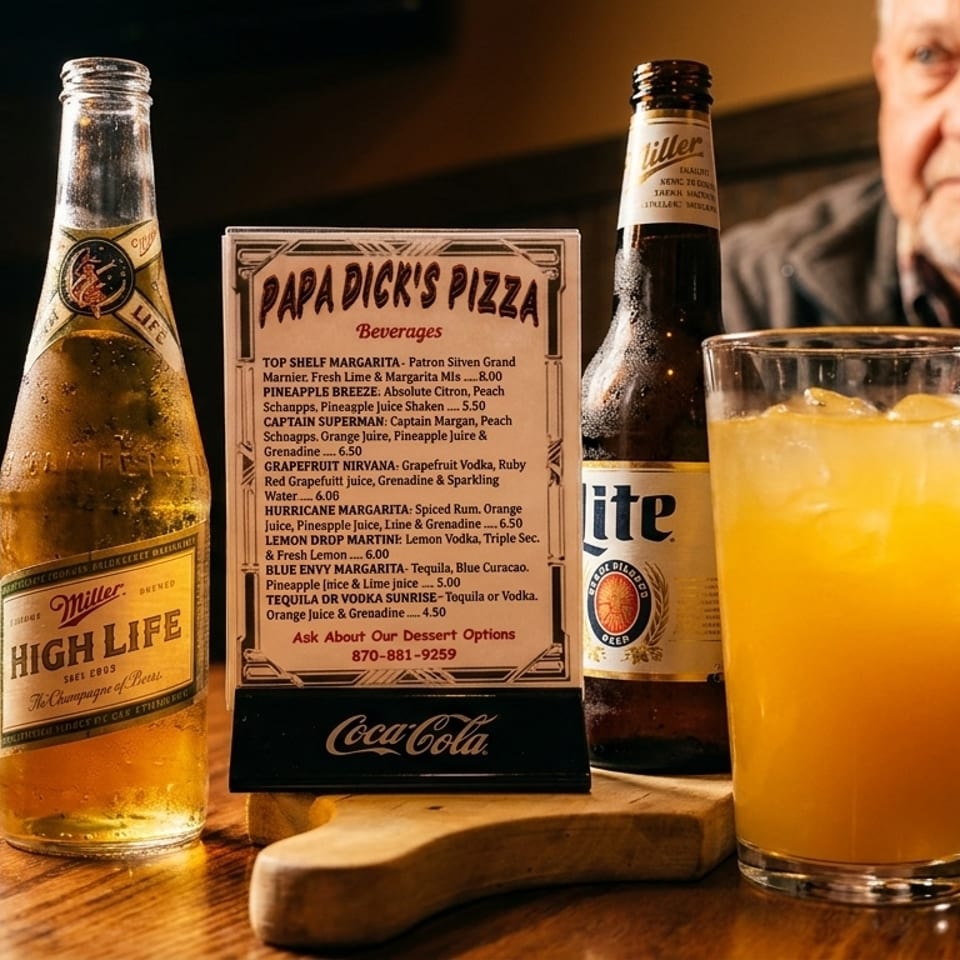 A Papa Dick's Pizza menu, two Miller beers, and an orange drink on a table with a man in the background.