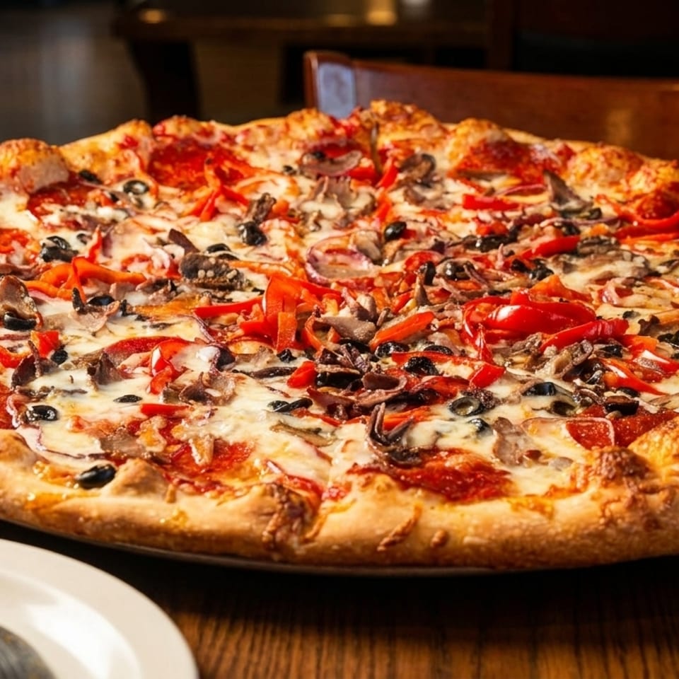 A large, hot pizza with pepperoni, red peppers, olives, and mushrooms on a wooden table.