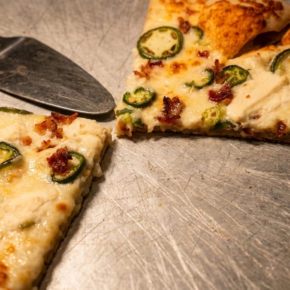 Two slices of white pizza with jalapeños and bacon bits on a metal tray with a server.