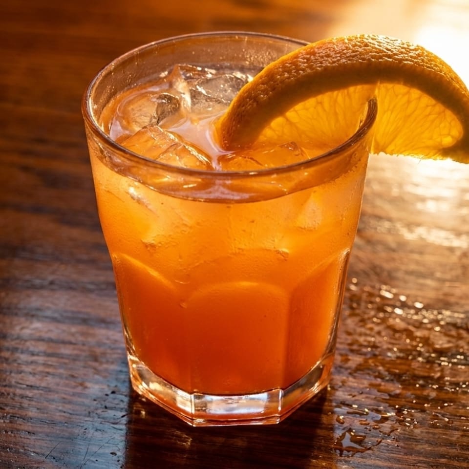 Orange cocktail with ice and an orange slice garnish on a dark wooden table.