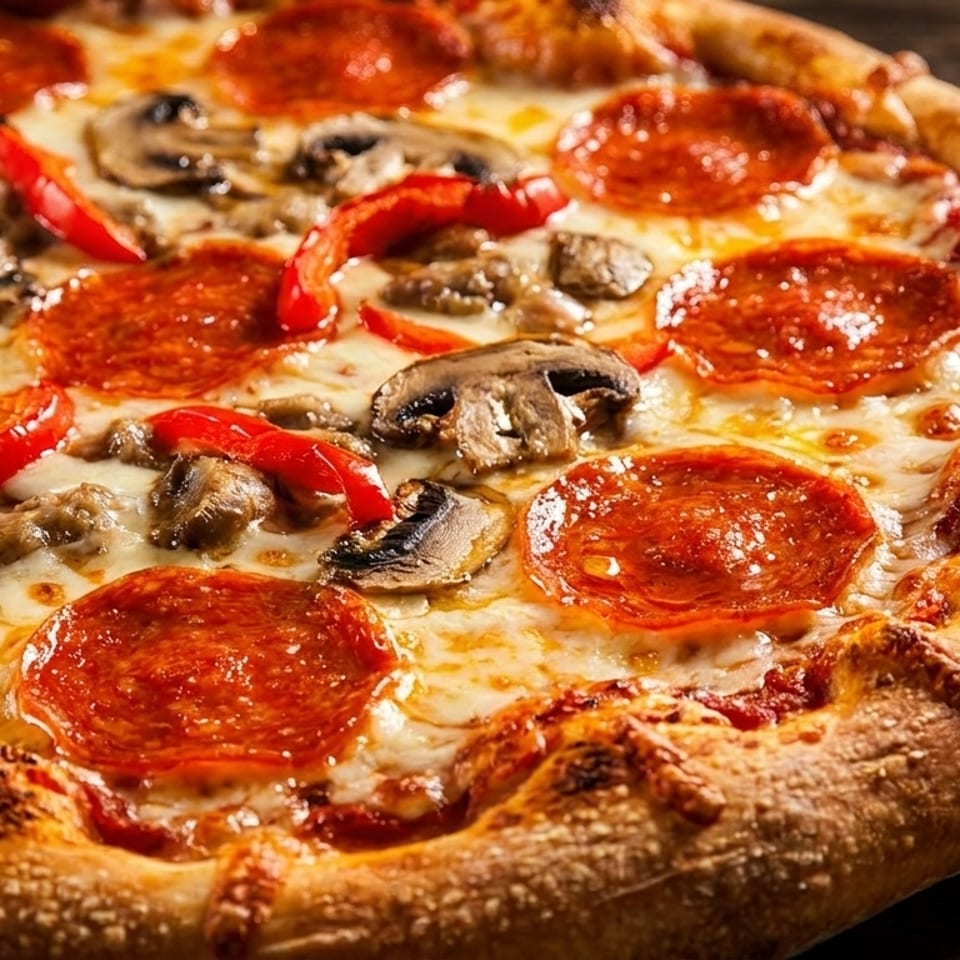 Close-up of a whole pizza with pepperoni, mushrooms, and red bell peppers on a wooden surface.