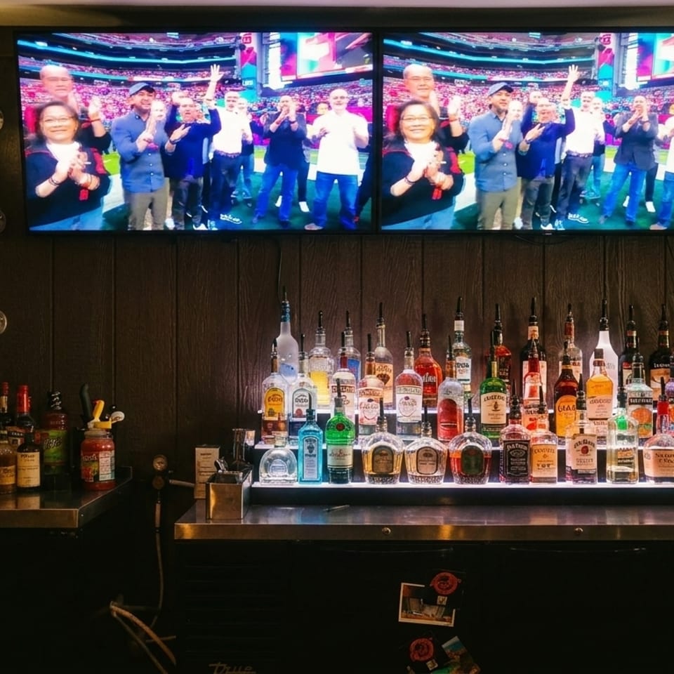 A well-stocked bar with liquor bottles, beer taps, and two large screens showing a cheering crowd.