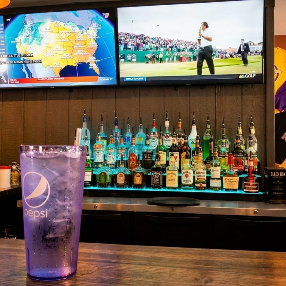 A bar with a Pepsi drink, liquor bottles, two TVs, and branded t-shirts on the wall.