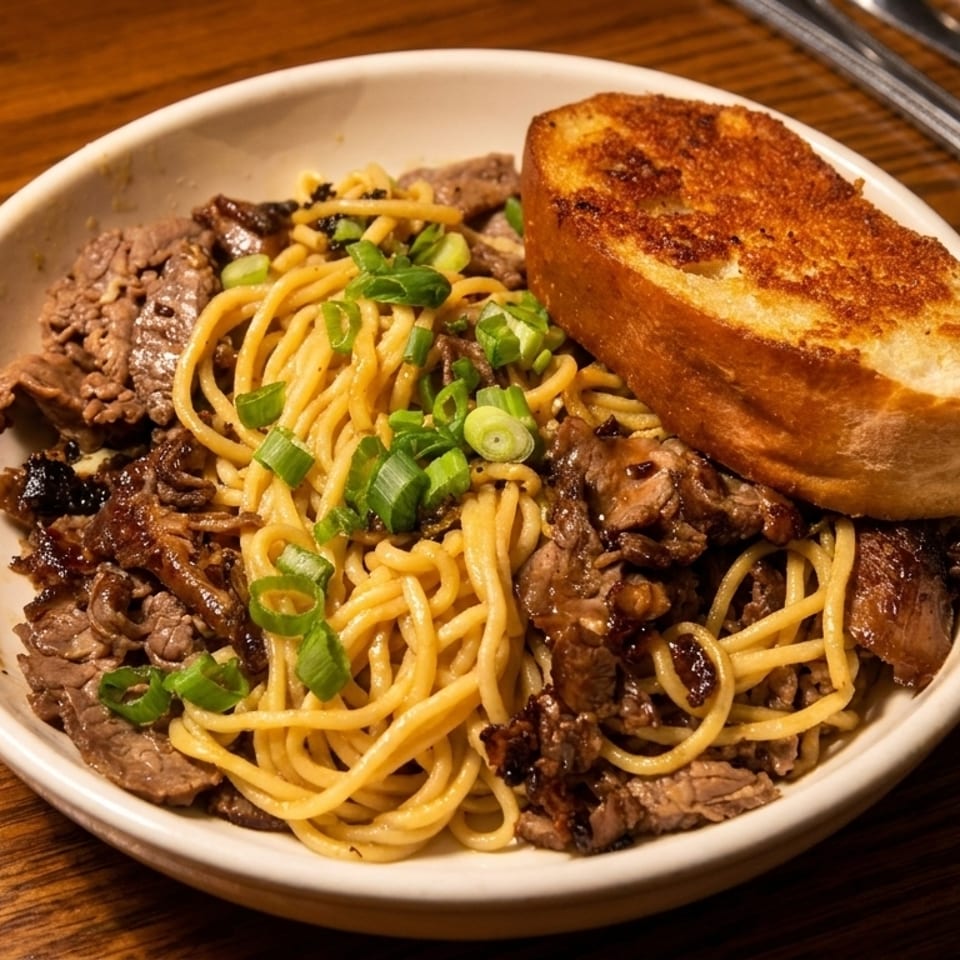 A bowl of spaghetti with sliced beef, caramelized onions, green onions, and a slice of garlic bread.